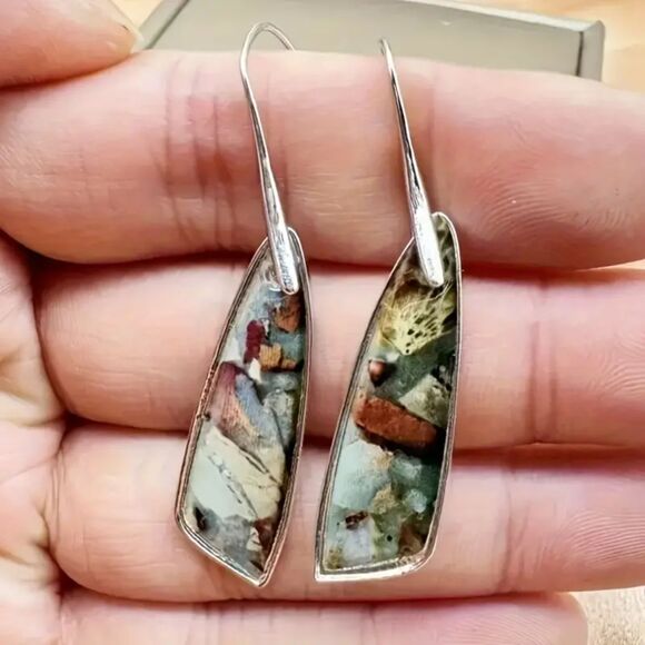 Silver Stained Glass Style Drop Earrings Dangle Gemstone Retro Boho Colorful New - Picture 3 of 5